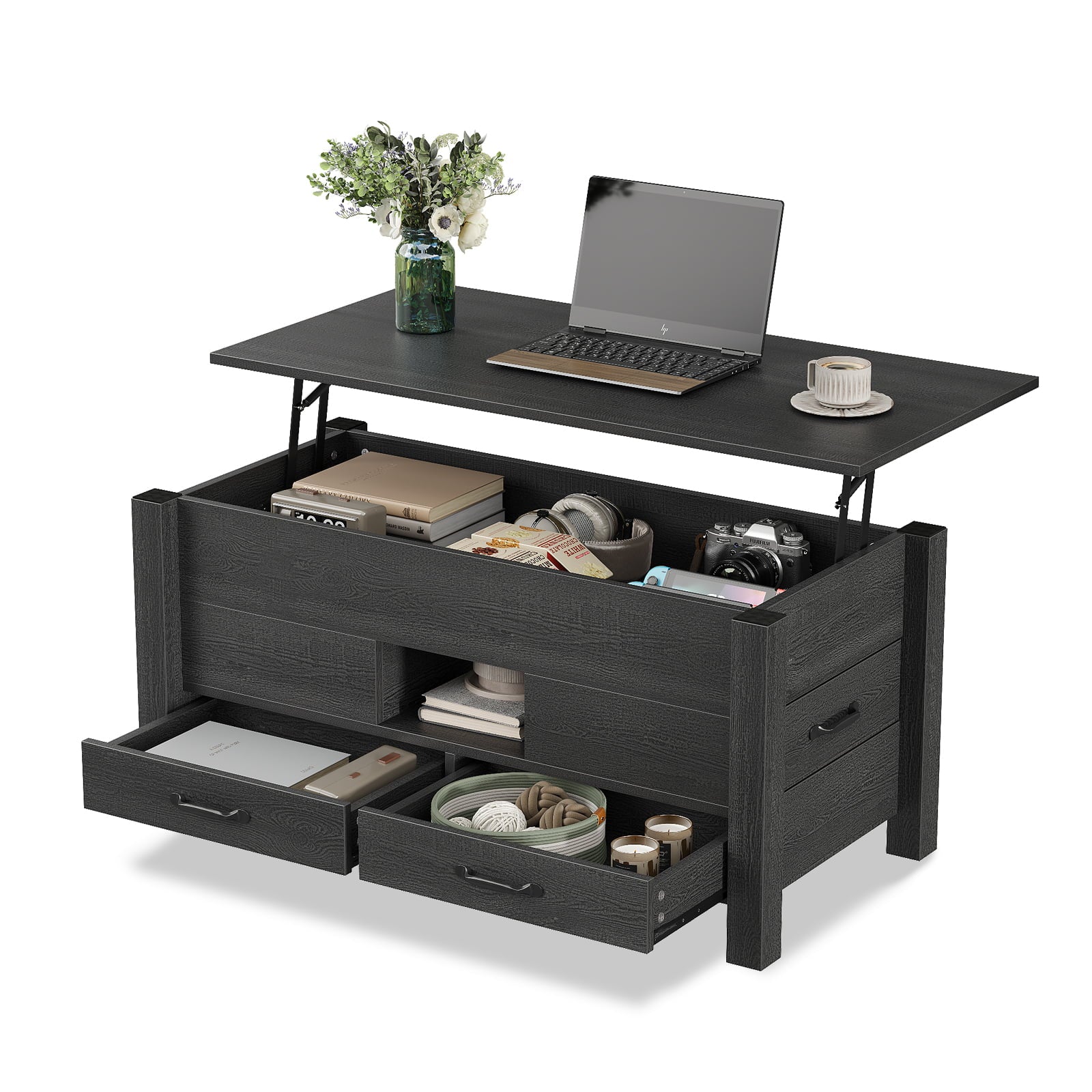 Yanosaku CT002 Lift Top Coffee Table with 4 Drawers & Hidden Compartment, Modern Farmhouse Black