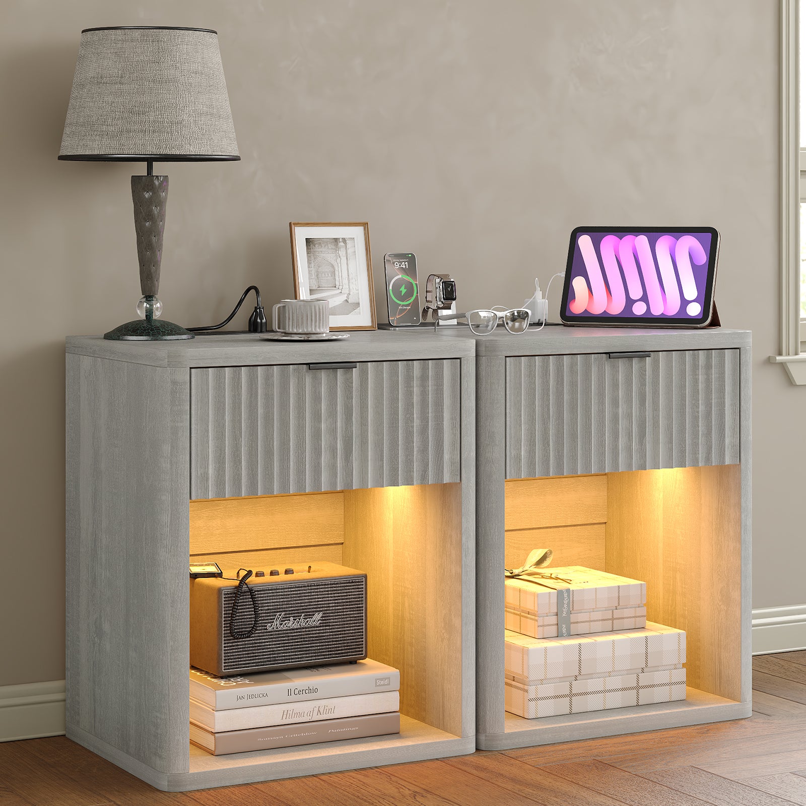 Yanosaku NS001 Night Stand with Drawer Storage Wood Wide Bedside Stand