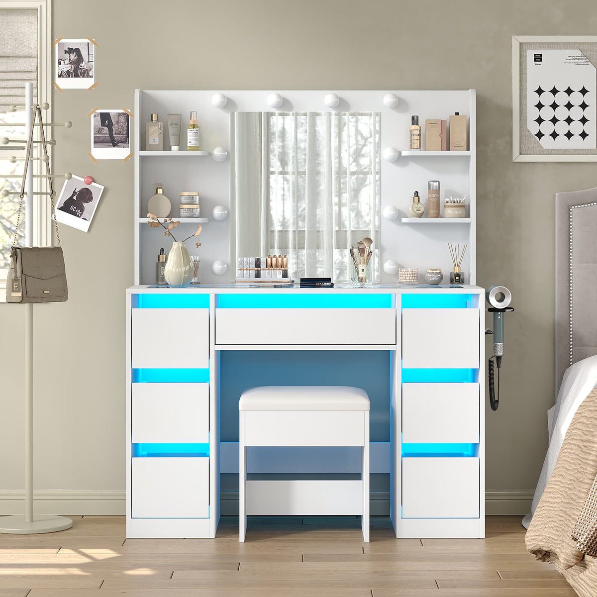 Yanosaku VD027 Vanity Desk with Mirror, 10 LED Lights, 7 Drawers & Charging Station