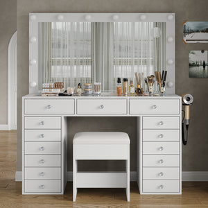 Yanosaku VD019 Modern White Makeup Vanity Set Table with Stool & LED Mirror 15 Drawers Luxury