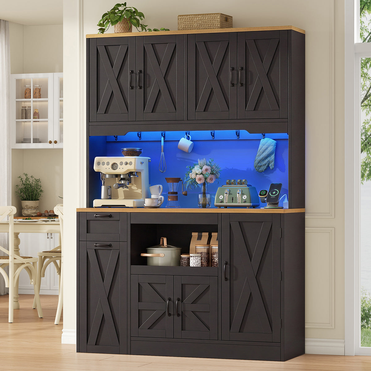 71" Tall Kitchen Pantry Cabinet with Charging Station & LED Lights, Farmhouse Hutch with Pull-Out Tray, Storage Cart, Drawer & Adjustable Shelves, White