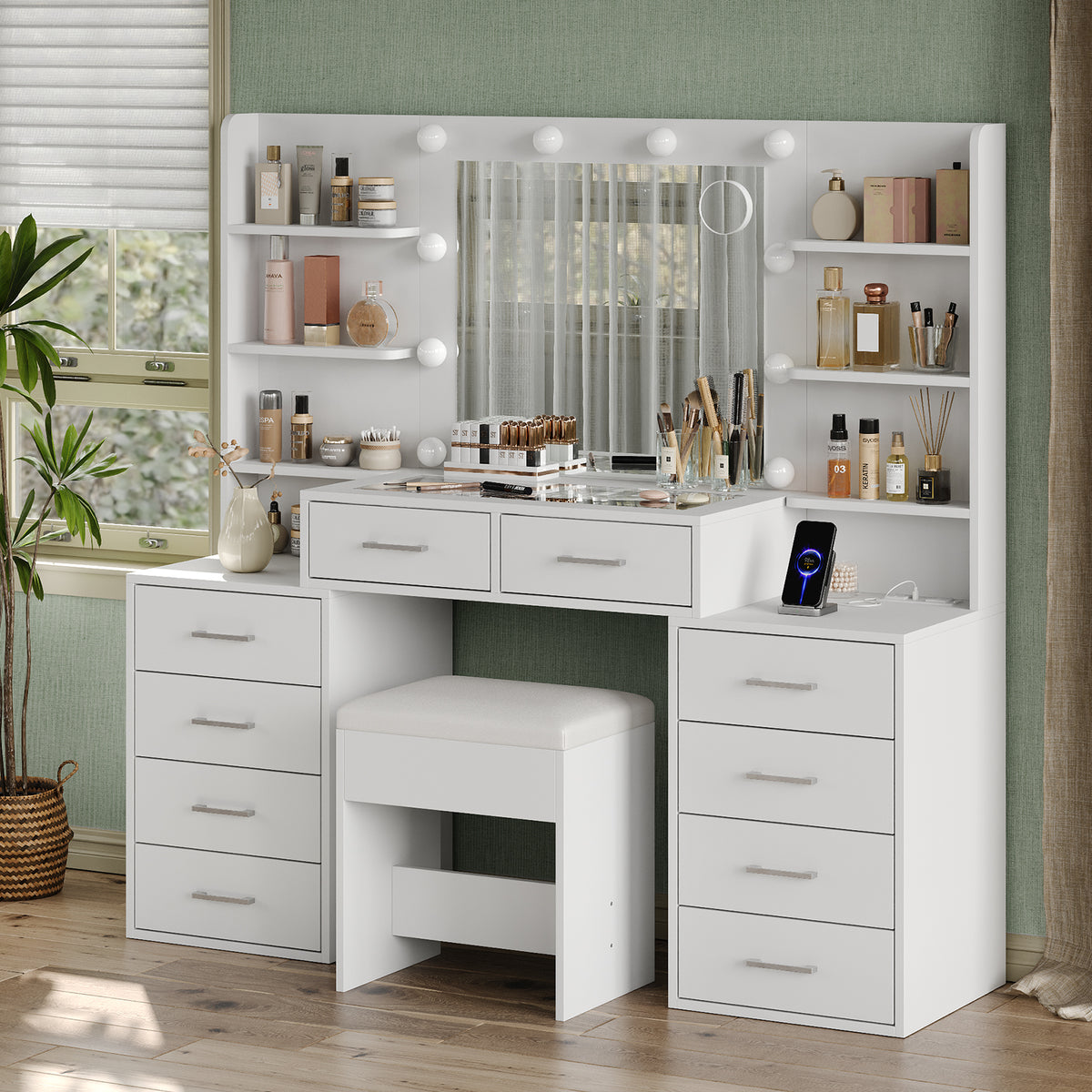 59" W Large Makeup Vanity Desk with LED Mirror, 8 Drawers & 2 Cabinets, Glass Top, Power Outlet, 3-Color Dimmable Lights & Chair for Bedroom