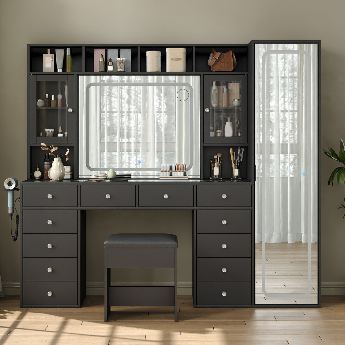 71" W Extra-Large Vanity Desk with Full-Length & LED Makeup Mirrors, 12 Drawers, 2 Cabinets, Power Outlet, 3-Color Dimmable Lights & Stool, White
