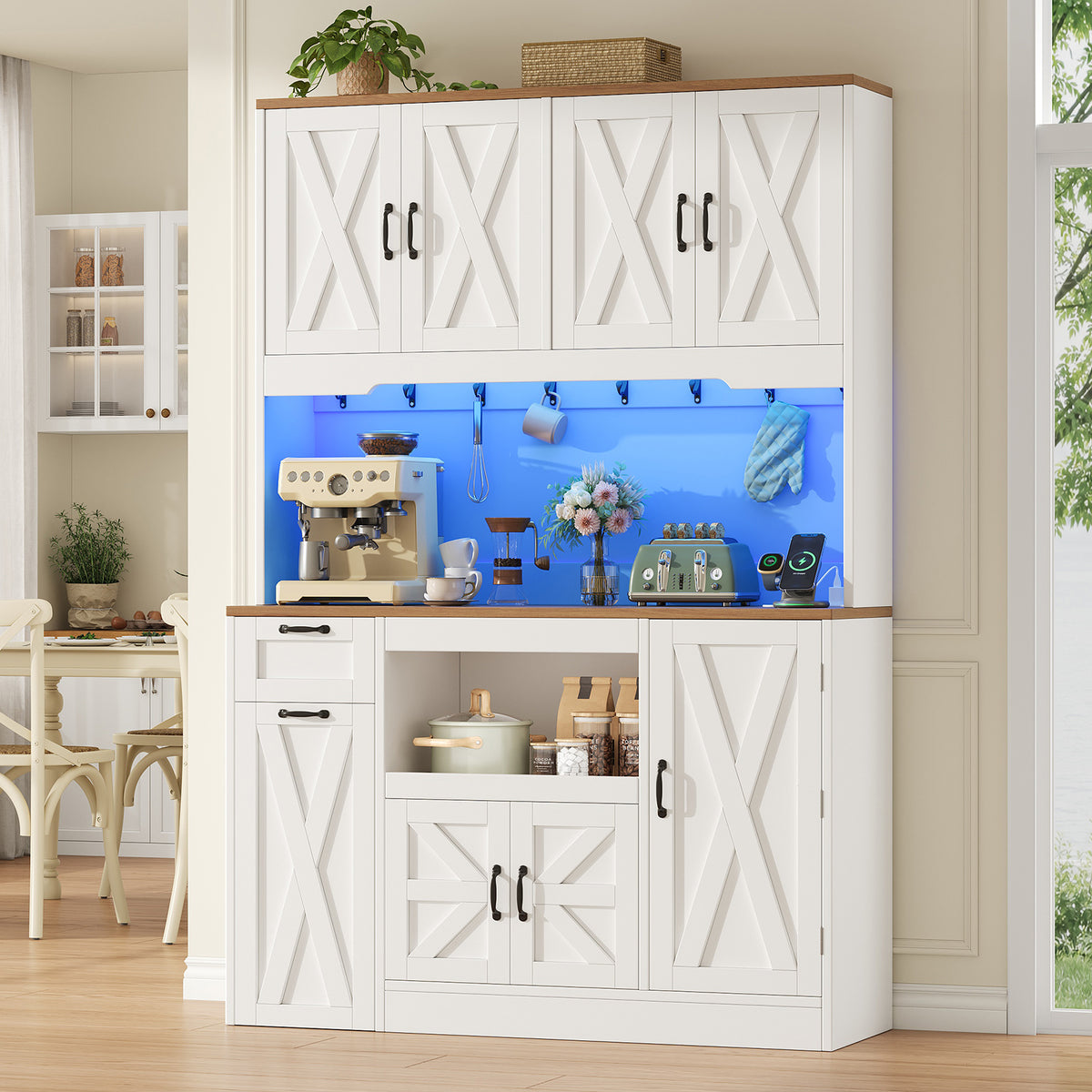 71" Tall Kitchen Pantry Cabinet with Charging Station & LED Lights, Farmhouse Hutch with Pull-Out Tray, Storage Cart, Drawer & Adjustable Shelves, White
