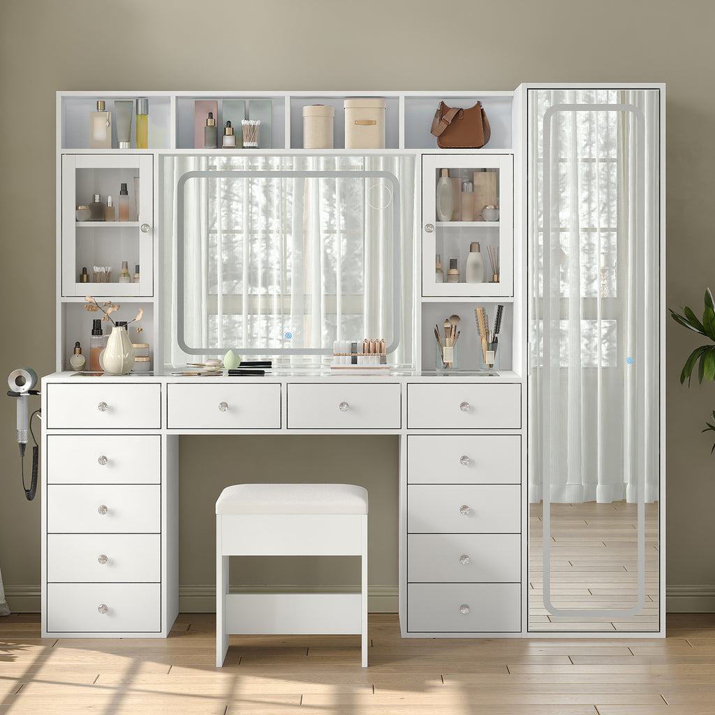 71" W Extra-Large Vanity Desk with Full-Length & LED Makeup Mirrors, 12 Drawers, 2 Cabinets, Power Outlet, 3-Color Dimmable Lights & Stool, White