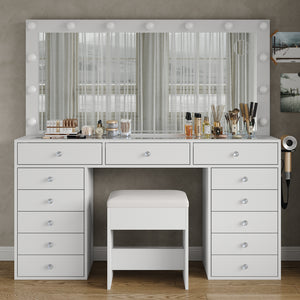 Yanosaku VD016 55''W Modern White Makeup Vanity Set Table with Stool & LED Mirror 13 Drawers Luxury