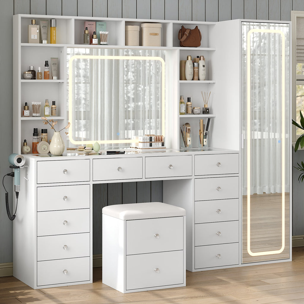 Yanosaku VD023 Vanity Desk with LED & Full-Length Mirror, 14 Drawers, 10 Shelves, White