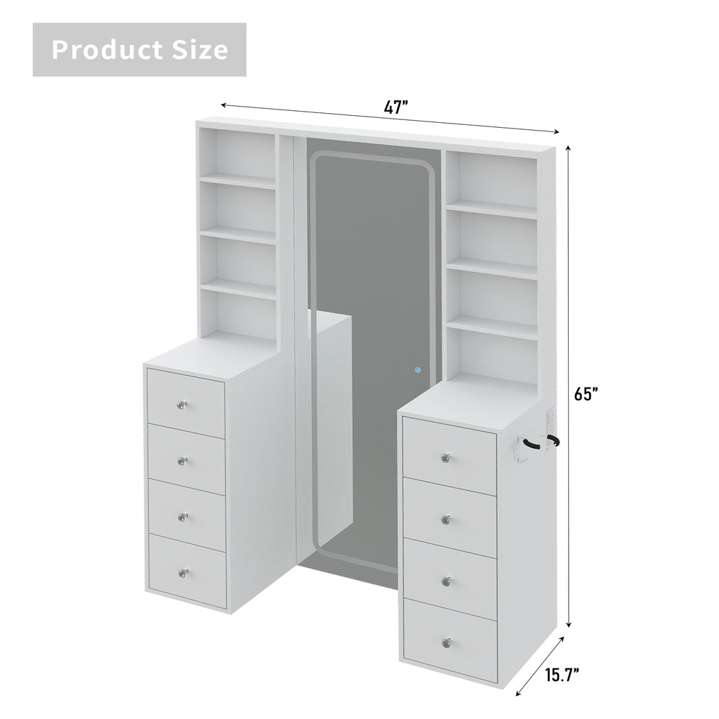 Yanosaku MC001 Vanity Desk with Full Length LED Mirror, Makeup Vanity with Power Outlet, 3 Color Modes, Brightness Adjustable, 8 Drawers with Shelves Vanity Table for Bedroom