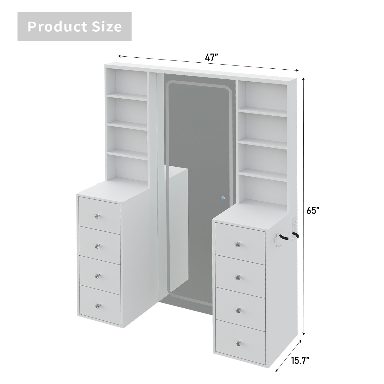 Yanosaku MC001 Vanity Desk with Full Length LED Mirror, Makeup Vanity with Power Outlet, 3 Color Modes, Brightness Adjustable, 8 Drawers with Shelves Vanity Table for Bedroom