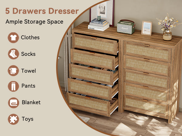 48'' Tall Dresser for Bedroom, Rattan Dresser with 5 Drawers, Boho Chest of Drawers- Yanosaku