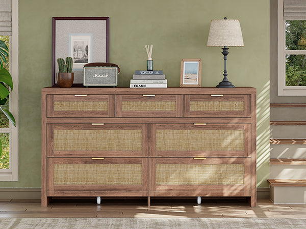 7 Drawers Dresser for Bedroom, 57” Rattan Dresser with Ample Storage- Yanosaku