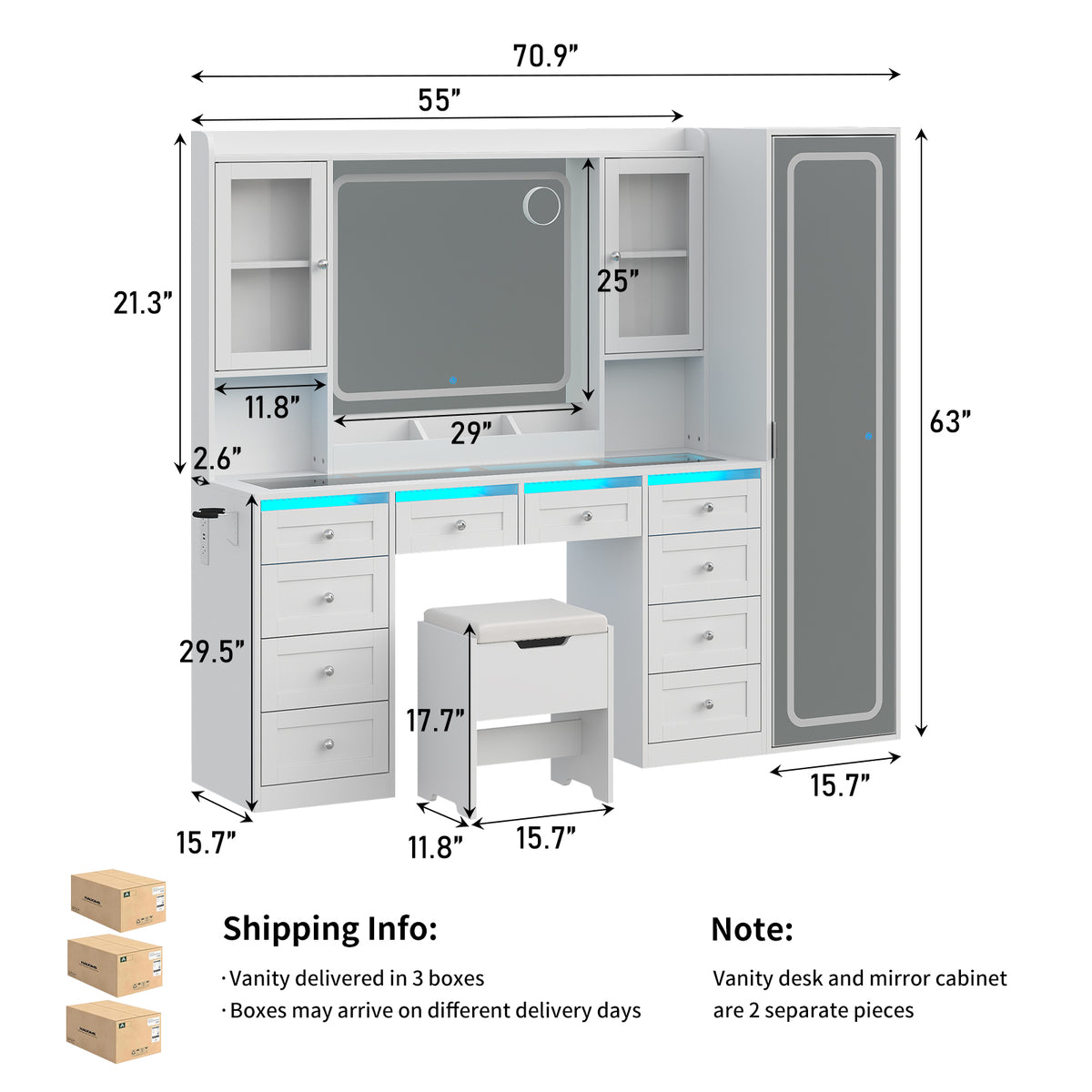 70.9" White Makeup Vanity Desk with LED & Full-Length Mirrors, RGB Lights, 10 Drawers, 2 Cabinets, Glass Top & Stool