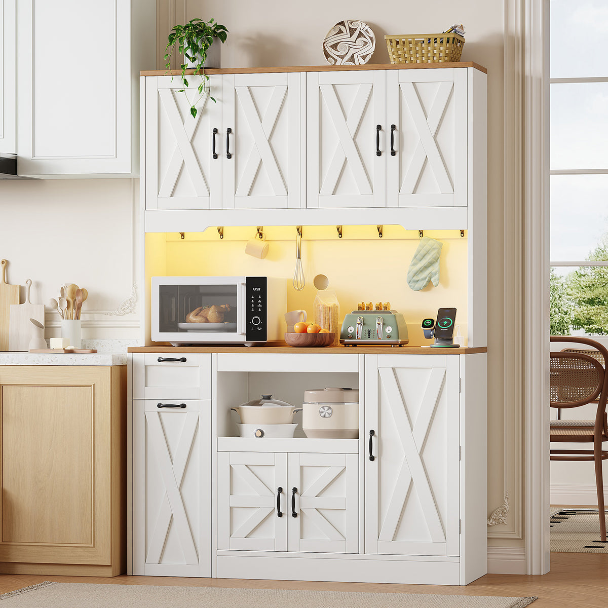 71" Tall Kitchen Pantry Cabinet with Charging Station & LED Lights, Farmhouse Hutch with Pull-Out Tray, Storage Cart, Drawer & Adjustable Shelves, White