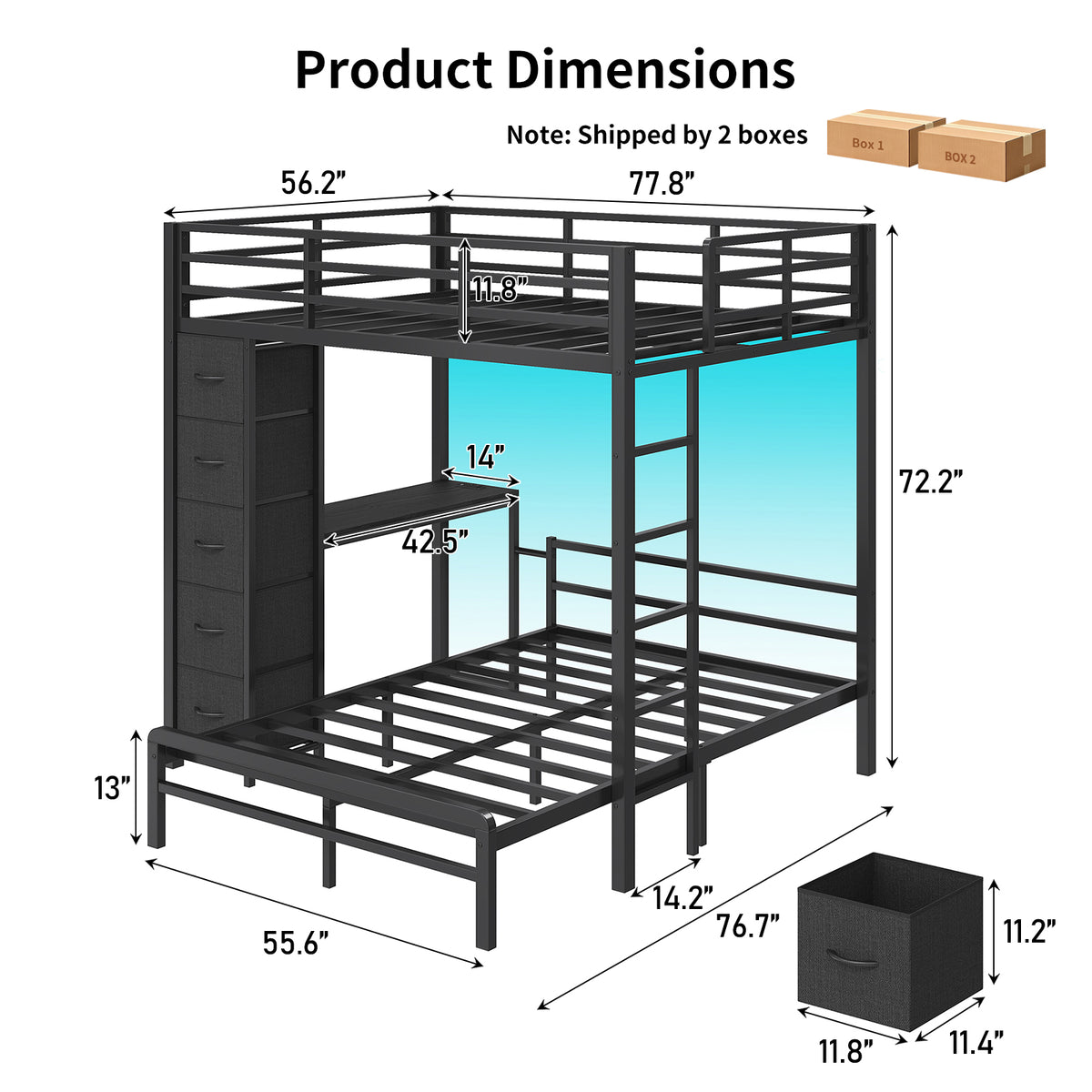 Full Over Full L-Shaped Metal Bunk Bed with Desk, LED Lights, Charging Station & Storage Drawers, Black