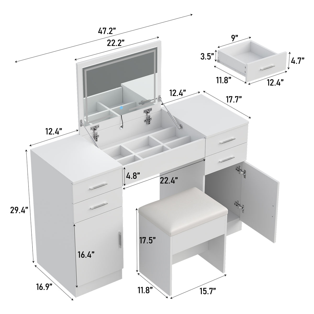 47.2" Flip Top Makeup Vanity Desk with LED Mirror, Power Outlet, 4 Drawers, 2 Cabinets & Stool, White