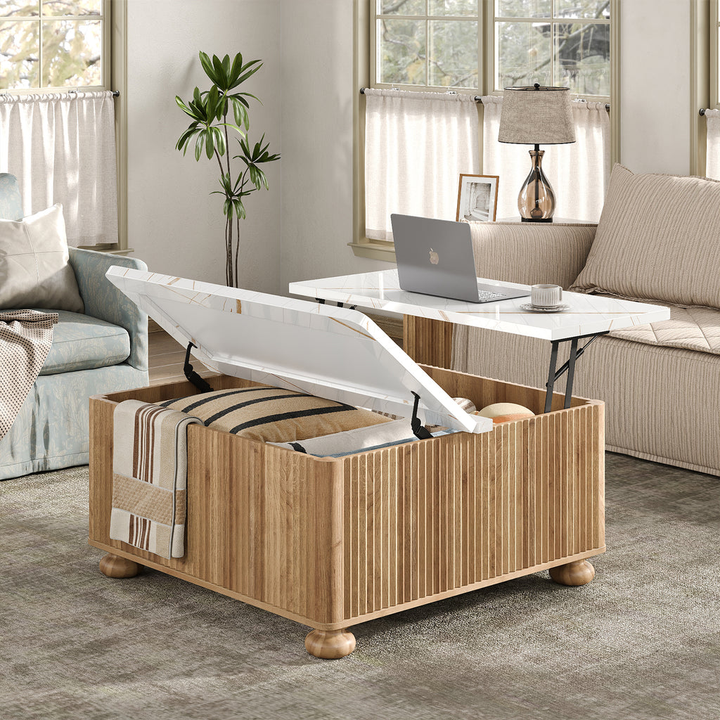 Yanosaku CT001 Lift Top Coffee Table with Storage, Square Coffee Tables with Faux-Marble Top for Living Room, Living Room Center Tables with Large Hidden Space for Bedroom, Home Office