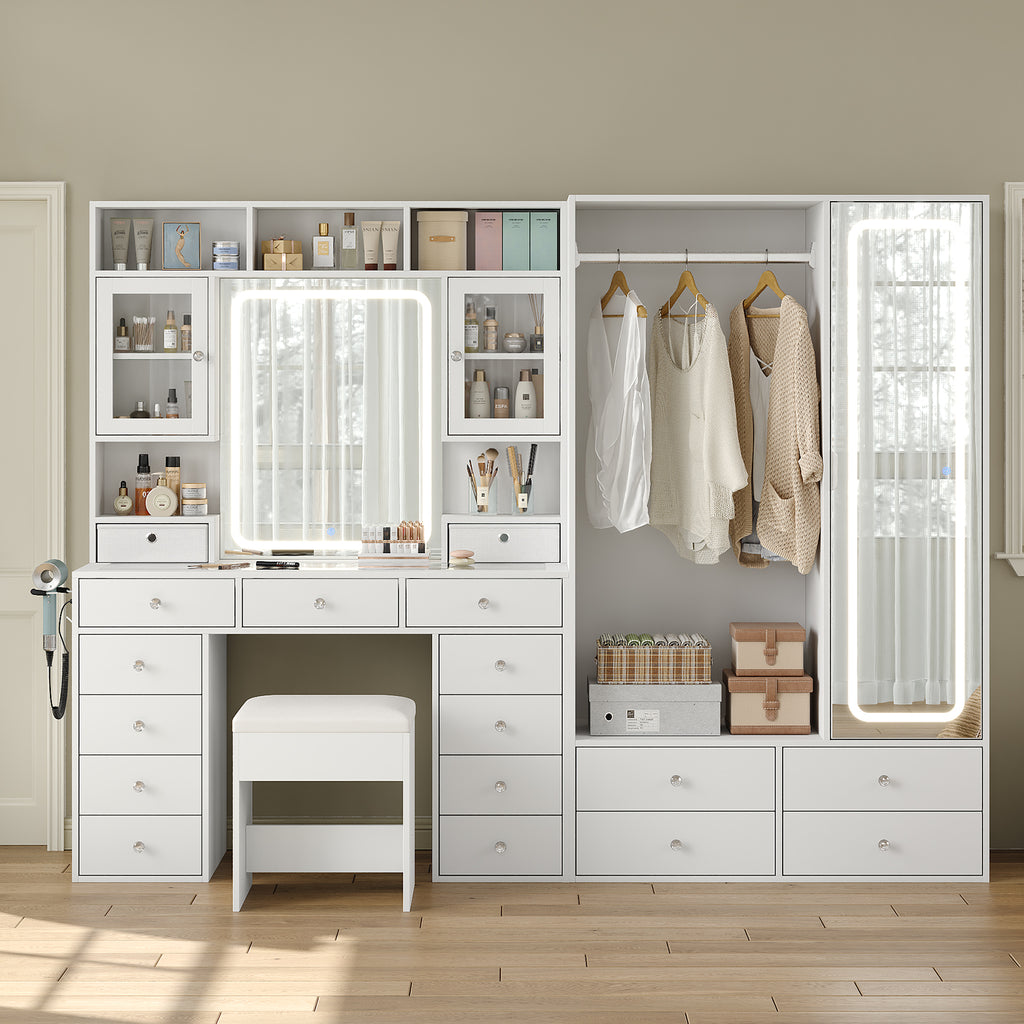 87" W Large Vanity Desk with LED Mirror & Wardrobe, Spacious Makeup Vanity Table with Ample Storage, White