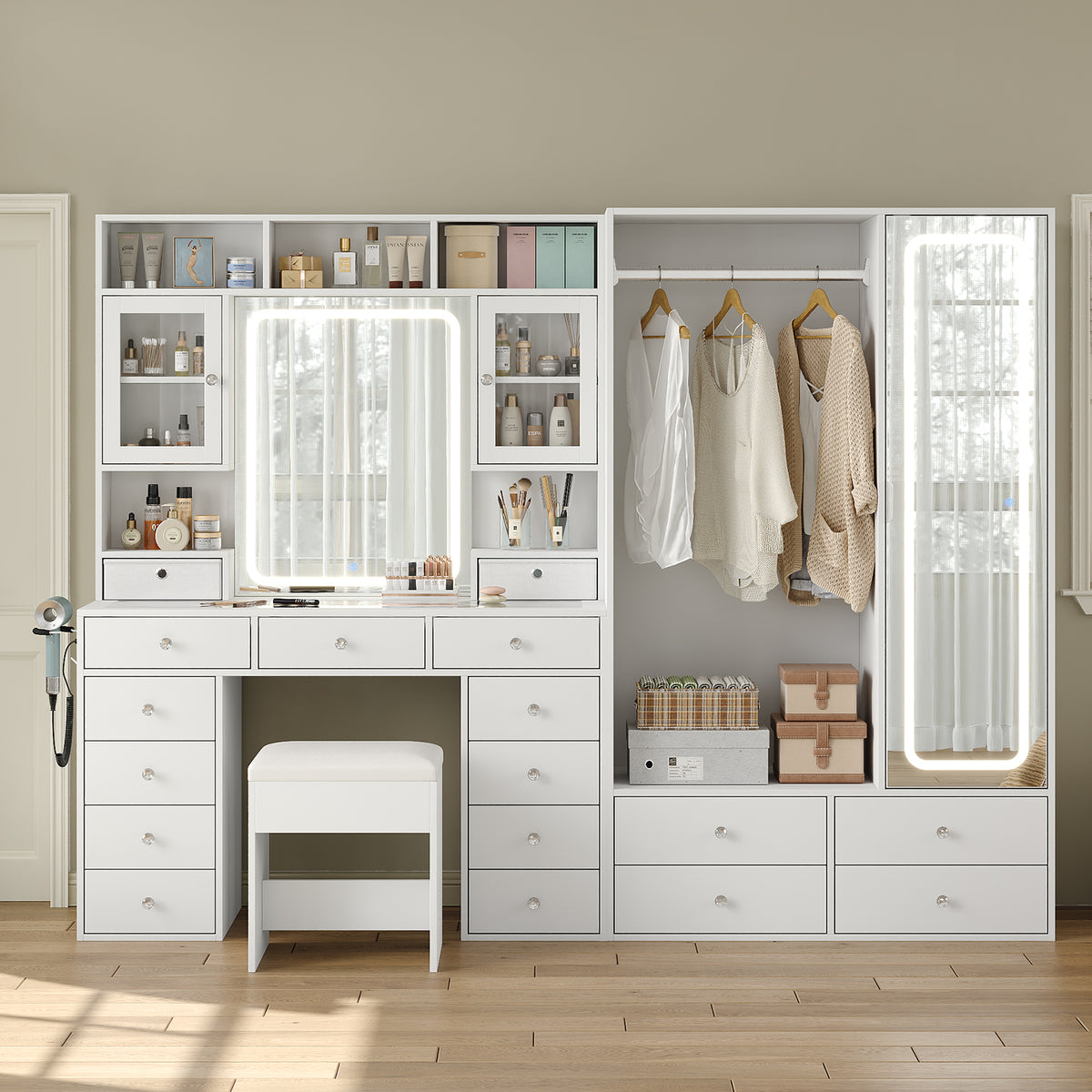 87" W Large Vanity Desk with LED Mirror & Wardrobe, Spacious Makeup Vanity Table with Ample Storage, White