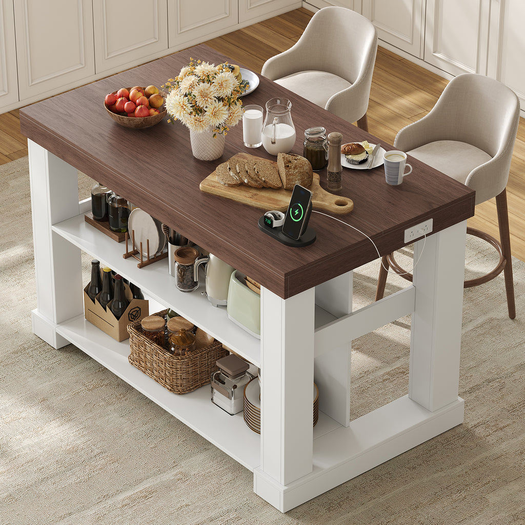 55" W Kitchen Island with Storage & Seating, Farmhouse Kitchen Island Table with Power Outlets, Open Shelves & Large Countertop, 3-Tier Coffee Bar, Walnut & White