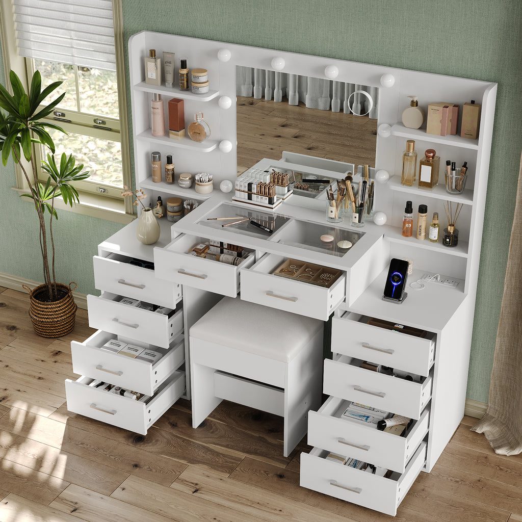59" W Large Makeup Vanity Desk with LED Mirror, 8 Drawers & 2 Cabinets, Glass Top, Power Outlet, 3-Color Dimmable Lights & Chair for Bedroom