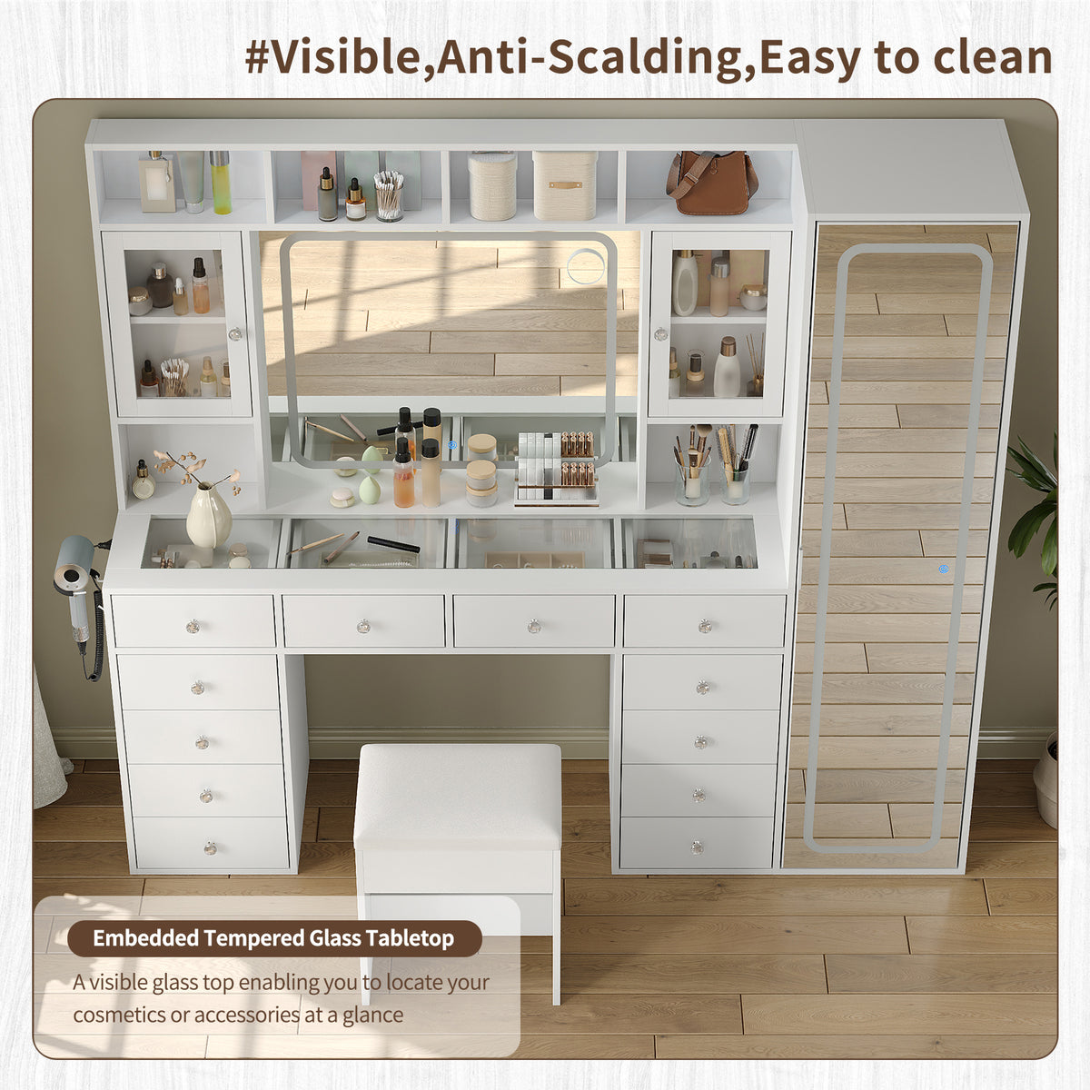 71" W Extra-Large Vanity Desk with Full-Length & LED Makeup Mirrors, 12 Drawers, 2 Cabinets, Power Outlet, 3-Color Dimmable Lights & Stool, White