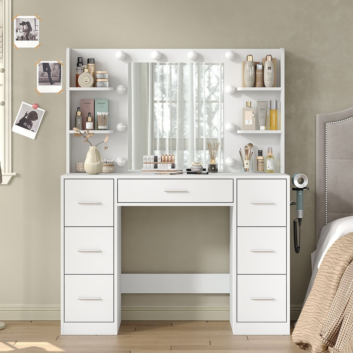 Yanosaku VD024 Vanity Desk with Mirror, LED Lights & Charging Station, 7 Drawers Storage