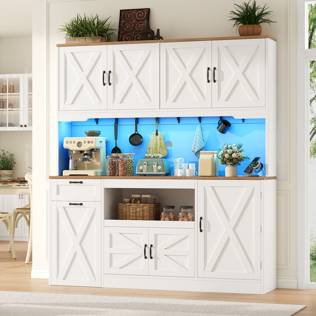 63"W Farmhouse Kitchen Pantry Cabinet, 70" Tall Hutch with RGB LED Lights, Charging Station, Pull-Out Tray & Rolling Cart, White