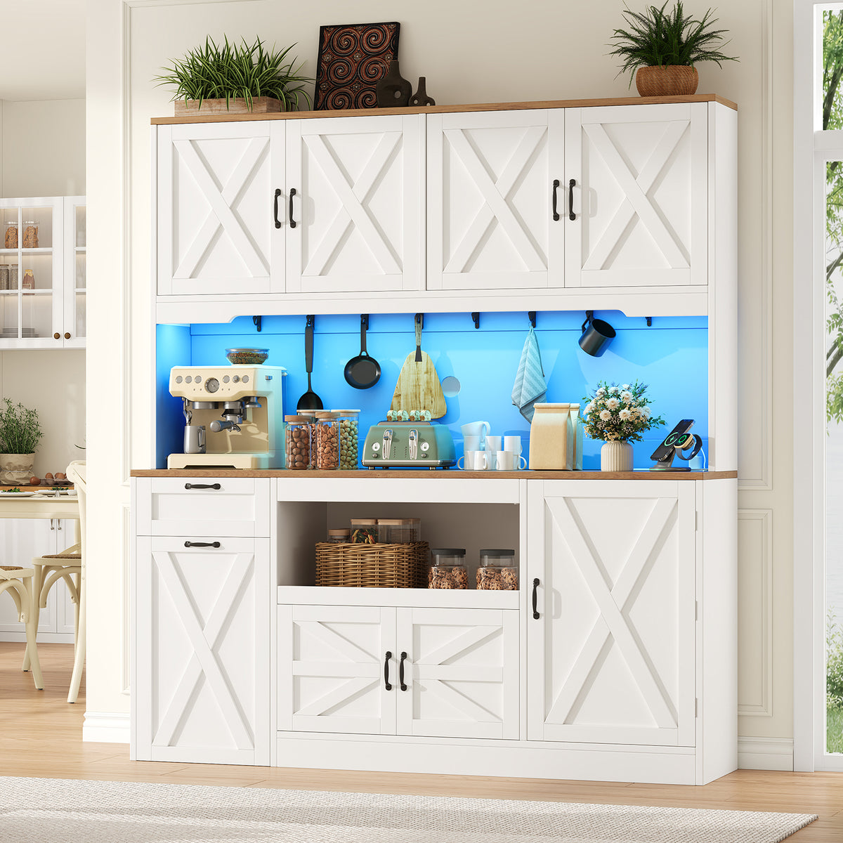63"W Farmhouse Kitchen Pantry Cabinet, 70" Tall Hutch with RGB LED Lights, Charging Station, Pull-Out Tray & Rolling Cart, White