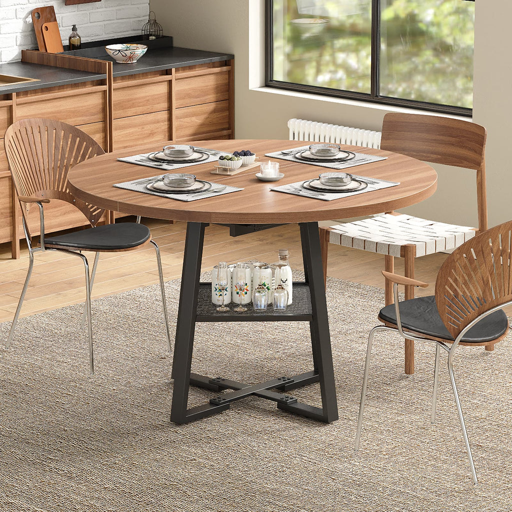 Yanosaku DT001 47" Extendable Round Table for 4–8, Walnut Metal Frame