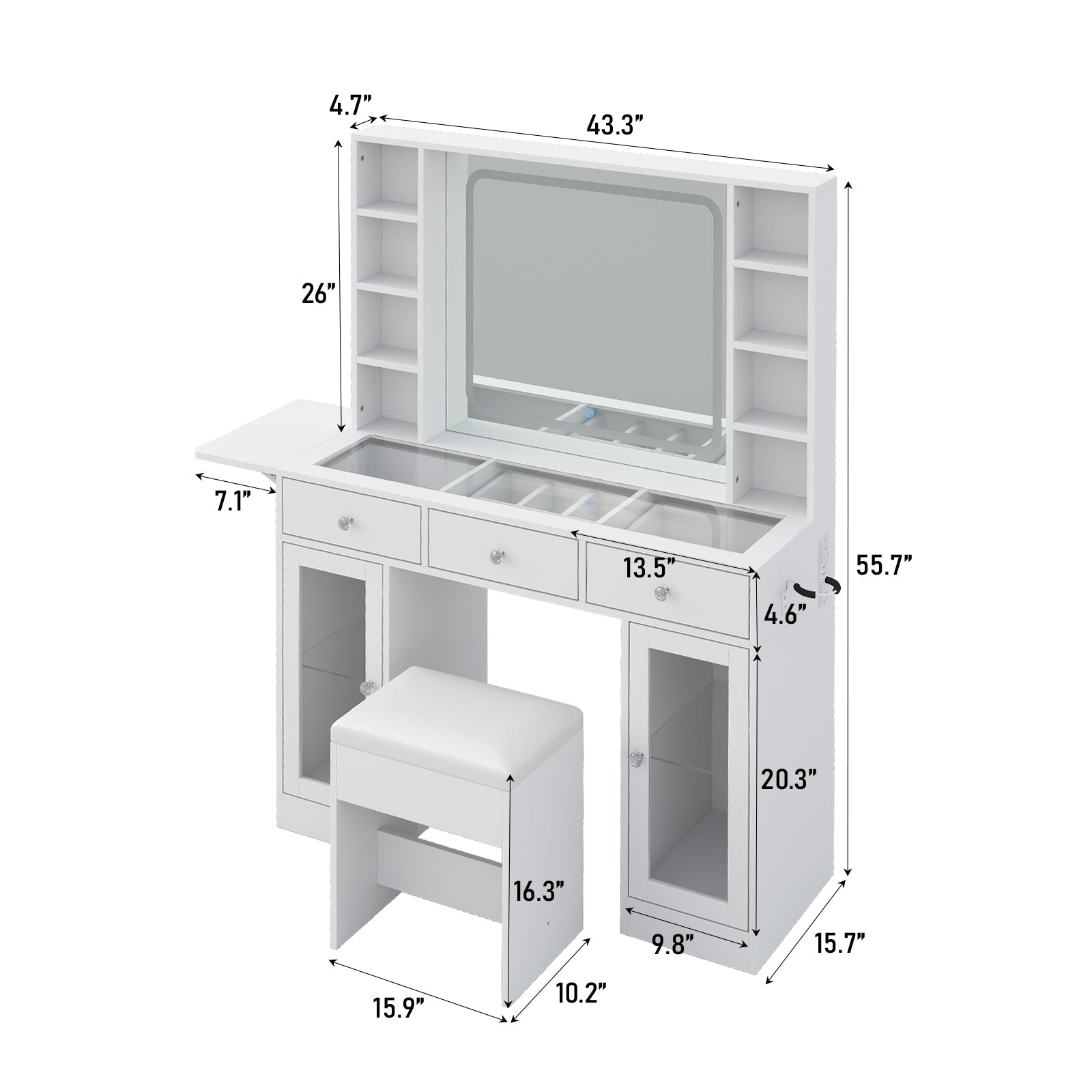 3-Drawer LED Mirror Vanity Desk - Vektaya - VektayaDeskVD032-WH