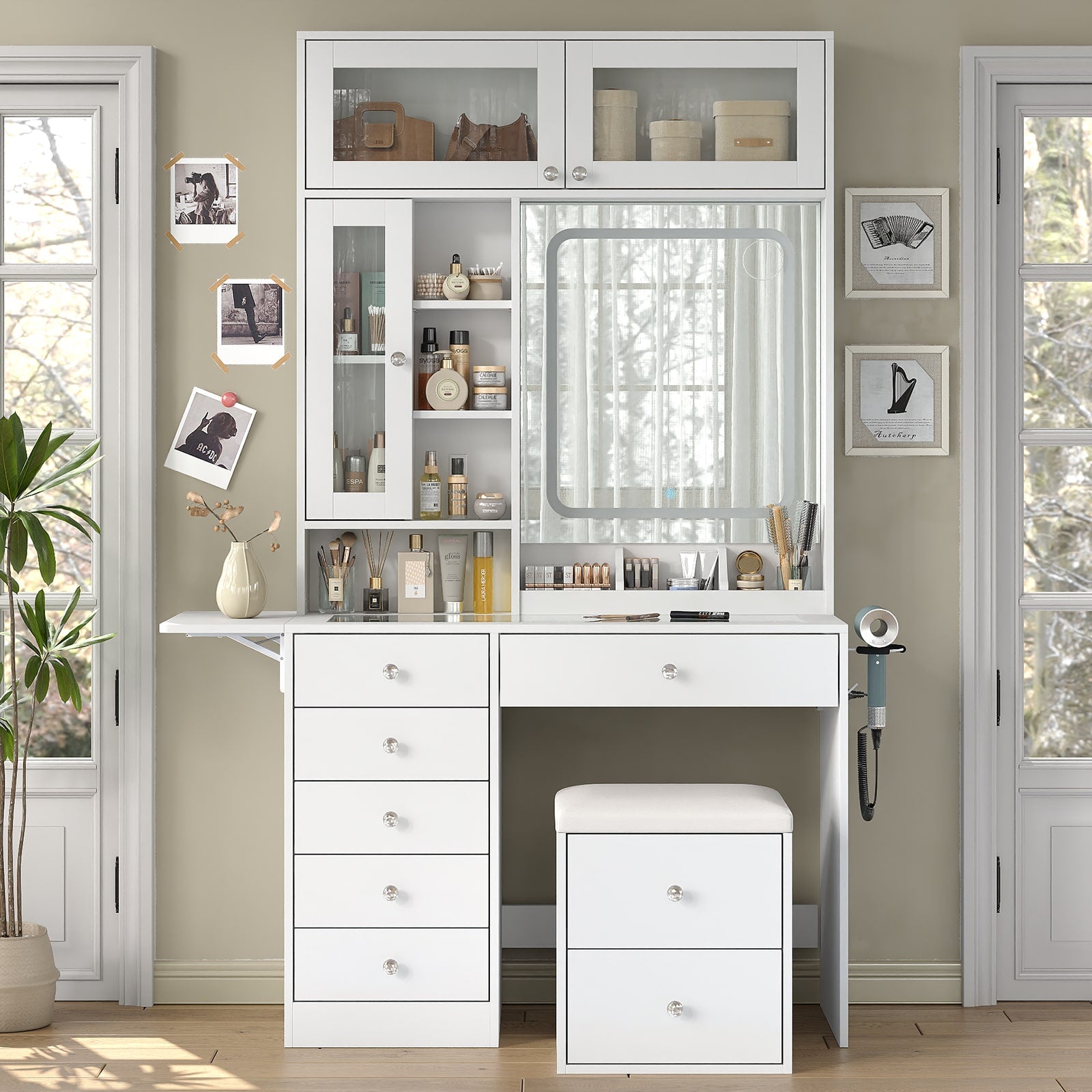 Yanosaku VD022 Vanity Desk with Mirror, Lights, Drawers, Stool, White