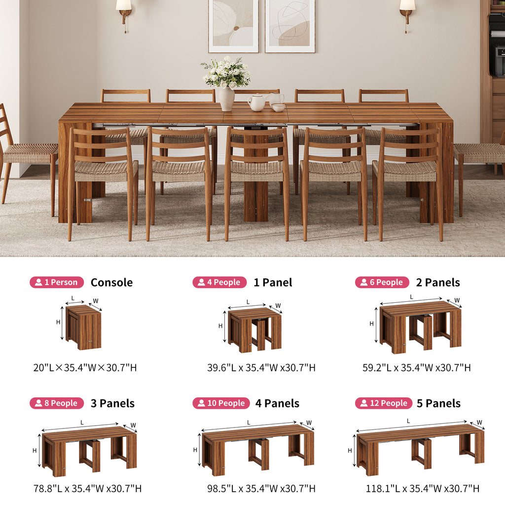 Extendable Dining Table for 2-12 People, Expandable Space-Saving Kitchen Table with Built-In Leaf Storage for Small Spaces