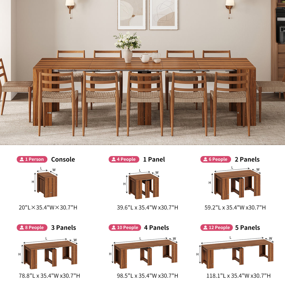 Extendable Dining Table for 2-12 People, Expandable Space-Saving Kitchen Table with Built-In Leaf Storage for Small Spaces