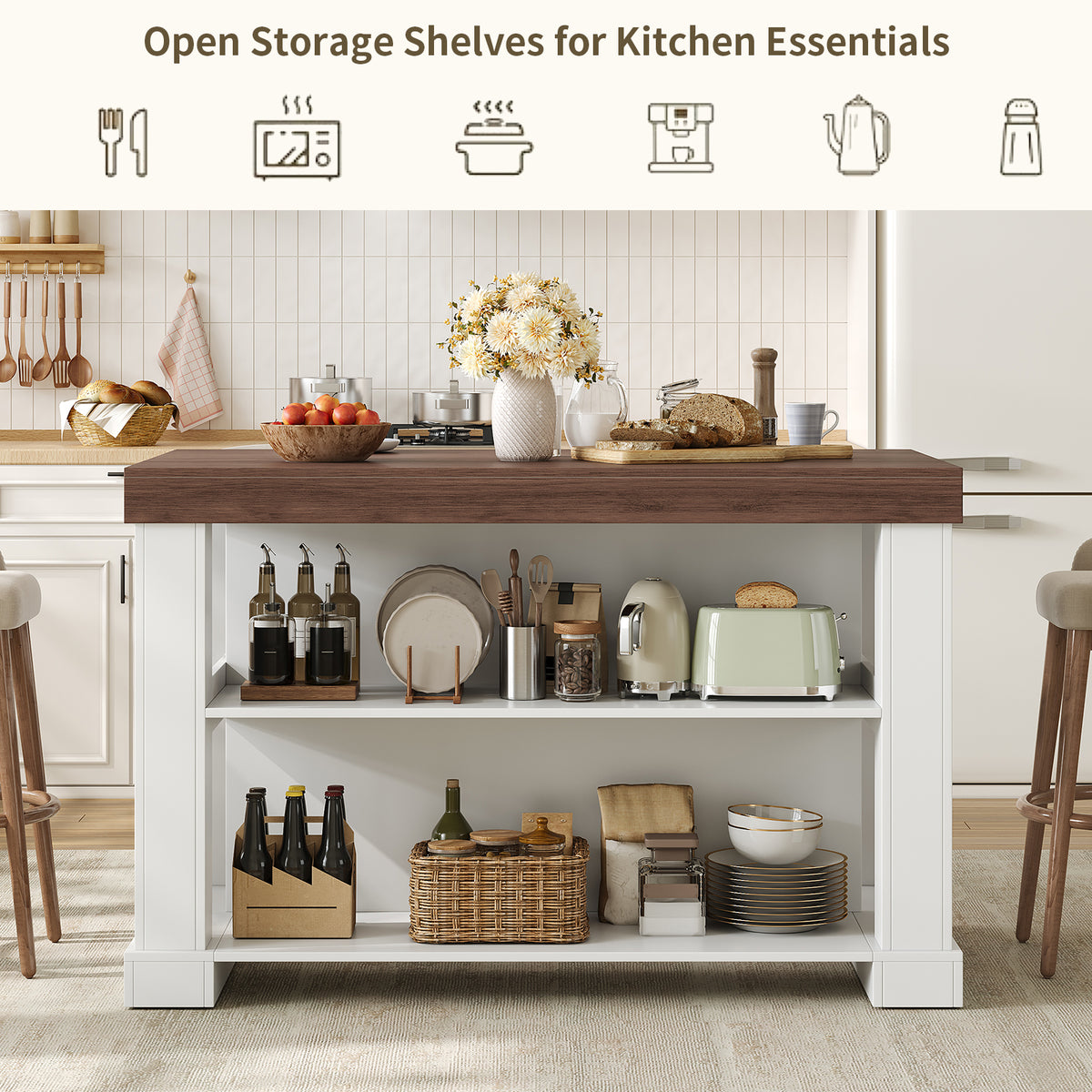 55" W Kitchen Island with Storage & Seating, Farmhouse Kitchen Island Table with Power Outlets, Open Shelves & Large Countertop, 3-Tier Coffee Bar, Walnut & White