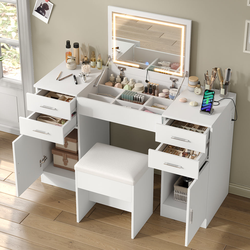 47.2" Flip Top Makeup Vanity Desk with LED Mirror, Power Outlet, 4 Drawers, 2 Cabinets & Stool, White