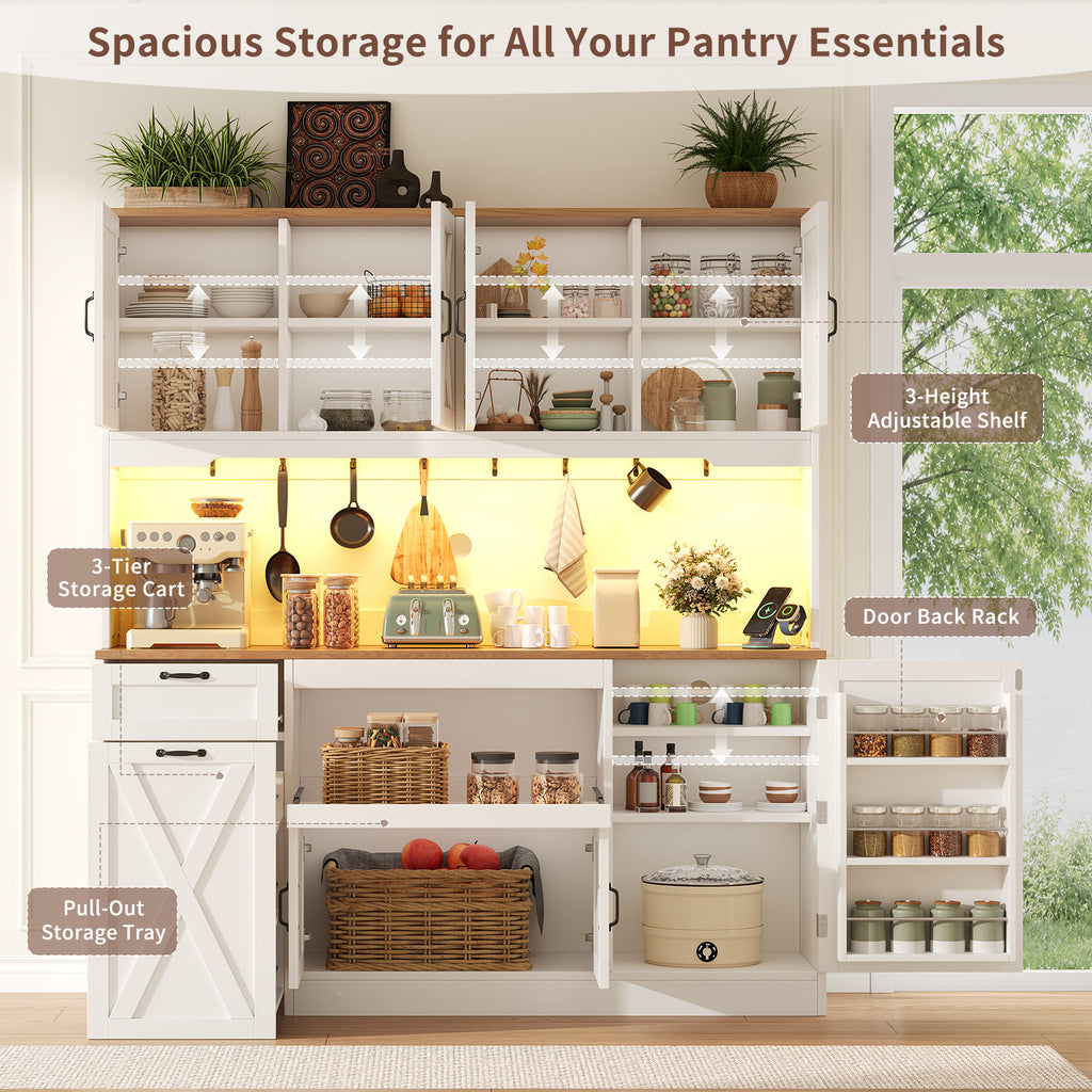 63"W Farmhouse Kitchen Pantry Cabinet, 70" Tall Hutch with RGB LED Lights, Charging Station, Pull-Out Tray & Rolling Cart, White