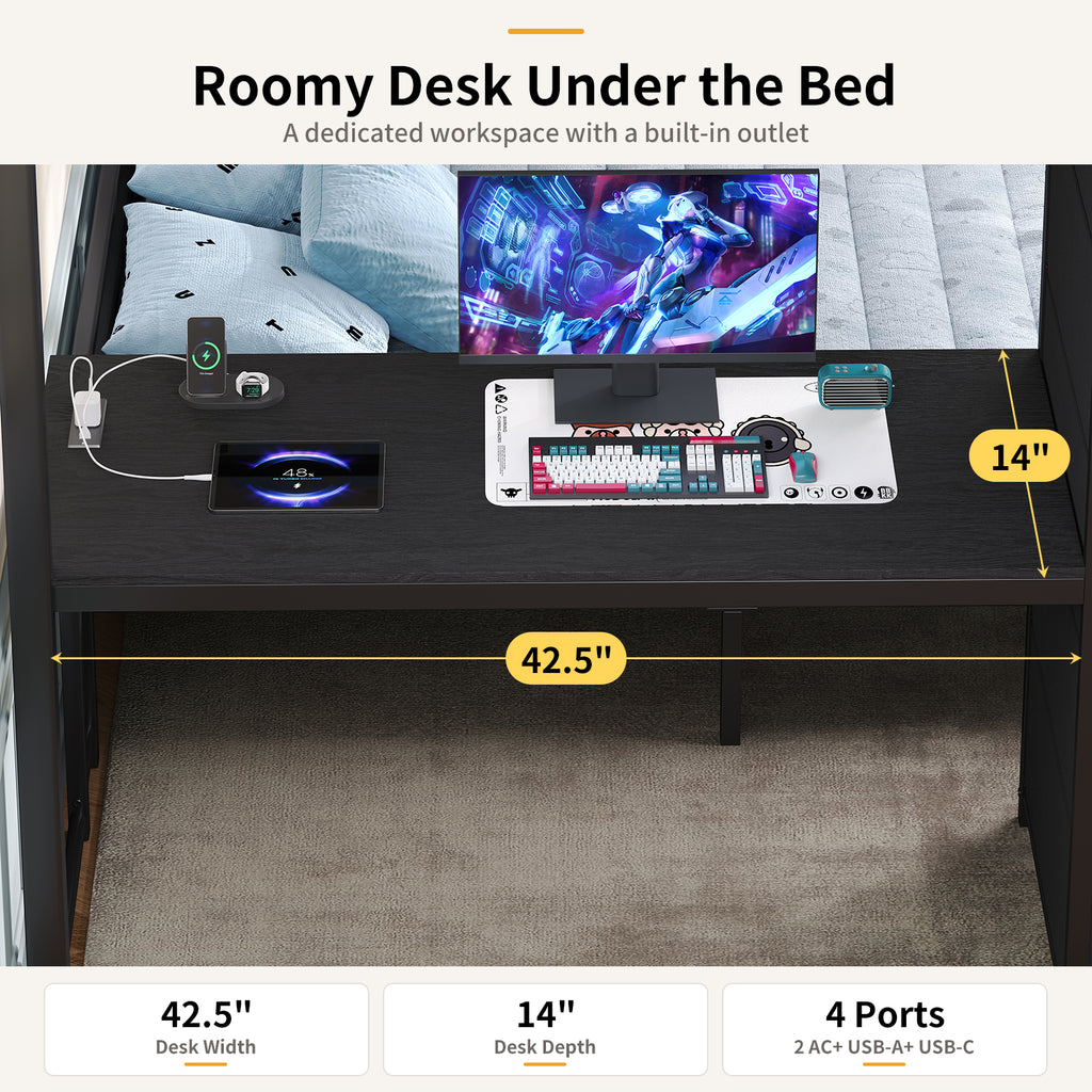 Full Over Full L-Shaped Metal Bunk Bed with Desk, LED Lights, Charging Station & Storage Drawers, Black