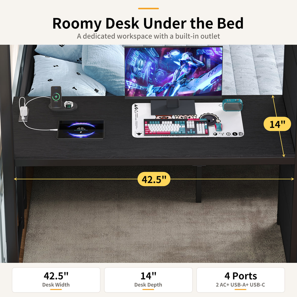 Full Over Full L-Shaped Metal Bunk Bed with Desk, LED Lights, Charging Station & Storage Drawers, Black