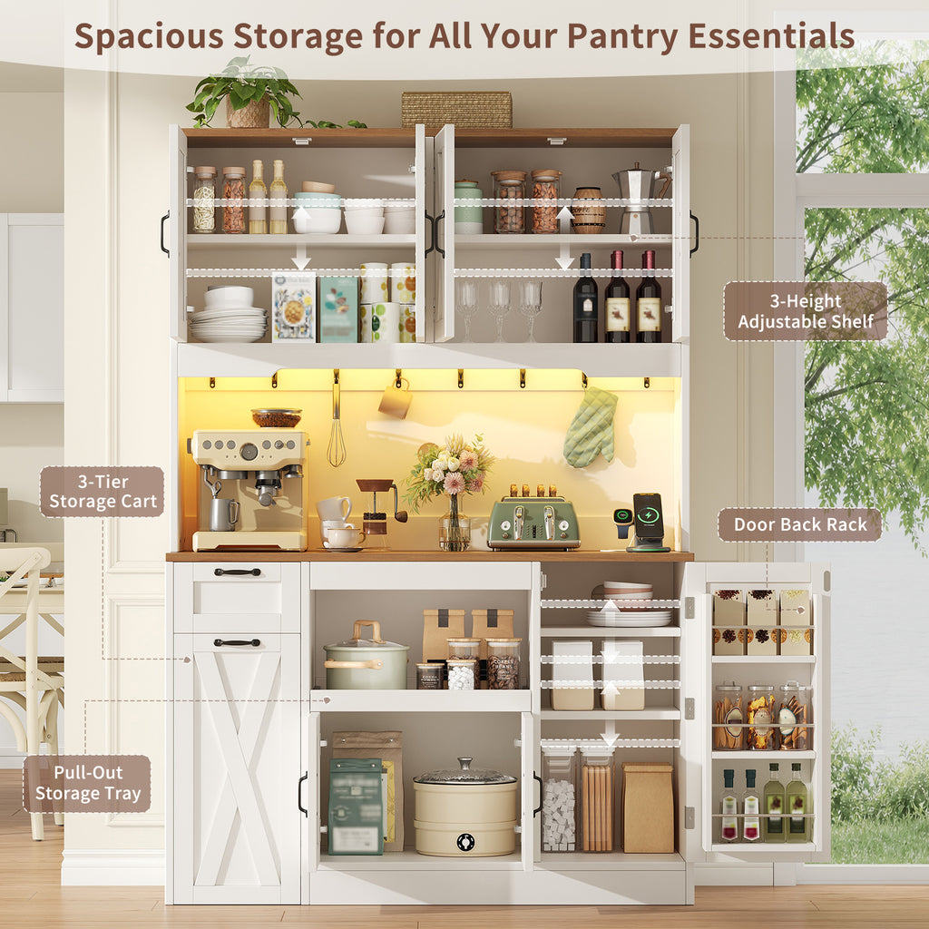 71" Tall Kitchen Pantry Cabinet with Charging Station & LED Lights, Farmhouse Hutch with Pull-Out Tray, Storage Cart, Drawer & Adjustable Shelves, White