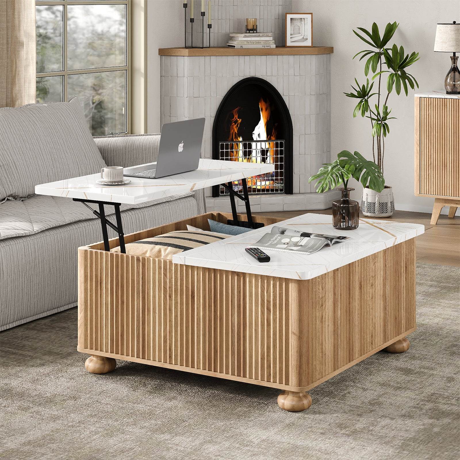 Yanosaku CT001 Lift Top Coffee Table with Storage, Square Coffee Tables with Faux-Marble Top for Living Room, Living Room Center Tables with Large Hidden Space for Bedroom, Home Office