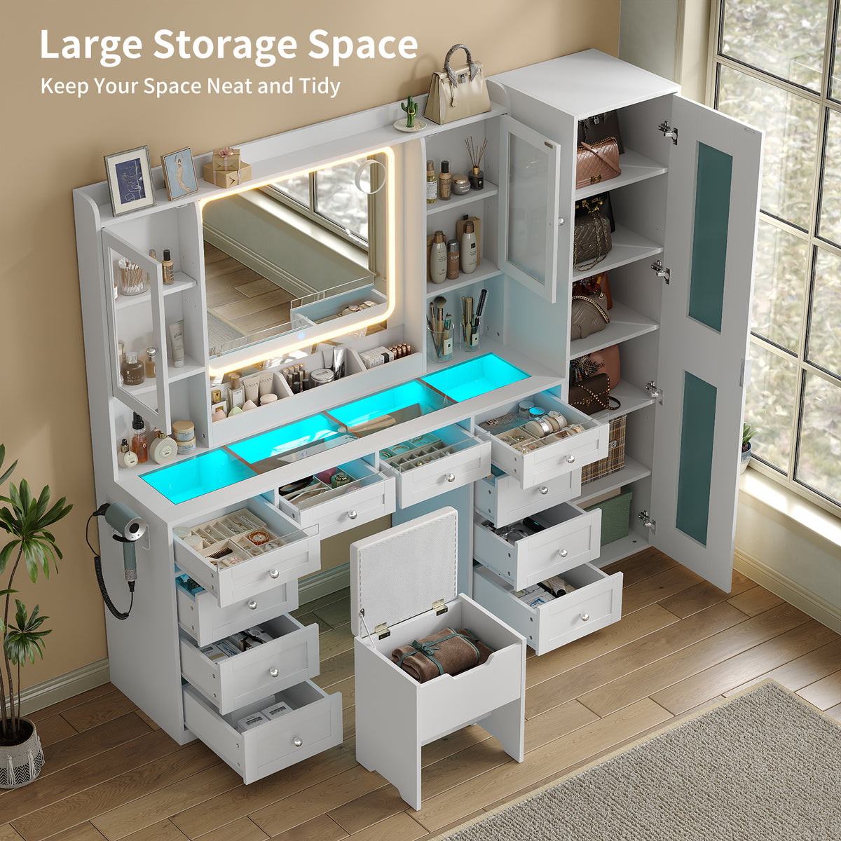 70.9" White Makeup Vanity Desk with LED & Full-Length Mirrors, RGB Lights, 10 Drawers, 2 Cabinets, Glass Top & Stool