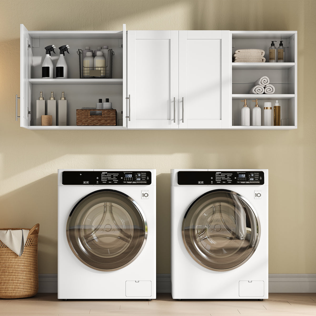 White Wall-Mounted Storage Cabinet with Doors & Adjustable Shelves, Wooden Laundry Room, Kitchen & Bathroom Cabinet