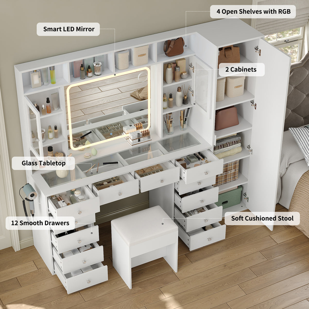 71" W Extra-Large Vanity Desk with Full-Length & LED Makeup Mirrors, 12 Drawers, 2 Cabinets, Power Outlet, 3-Color Dimmable Lights & Stool, White