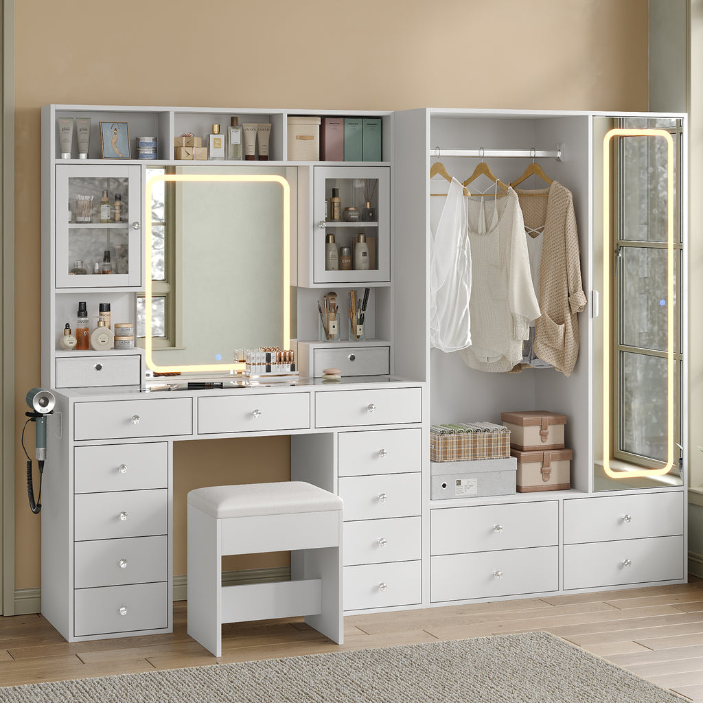 87" W Large Vanity Desk with LED Mirror & Wardrobe, Spacious Makeup Vanity Table with Ample Storage, White