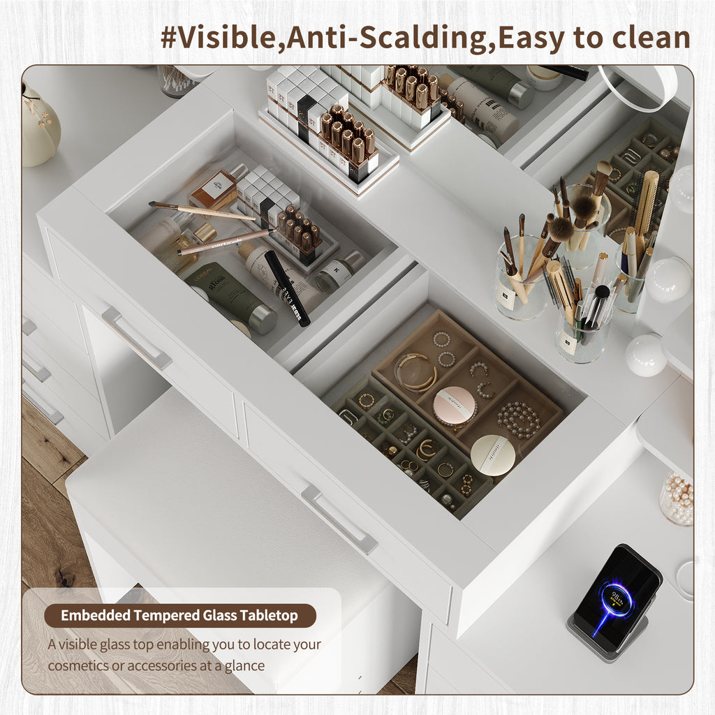 59" W Large Makeup Vanity Desk with LED Mirror, 8 Drawers & 2 Cabinets, Glass Top, Power Outlet, 3-Color Dimmable Lights & Chair for Bedroom