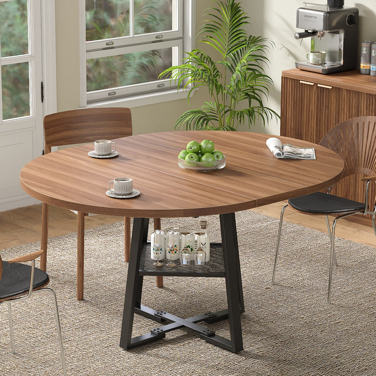 Yanosaku DT001 47" Round Extendable Dining Table, Seats 4-8, Metal Frame, Walnut Finish