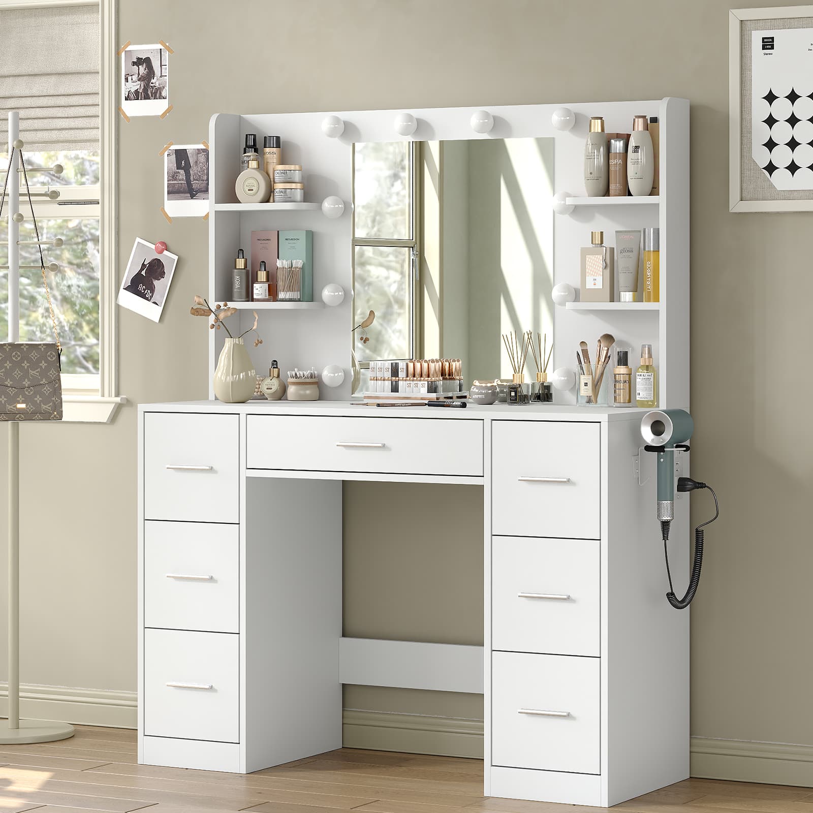 Yanosaku VD024 Vanity Desk with Mirror, LED Lights & Charging Station, 7 Drawers Storage