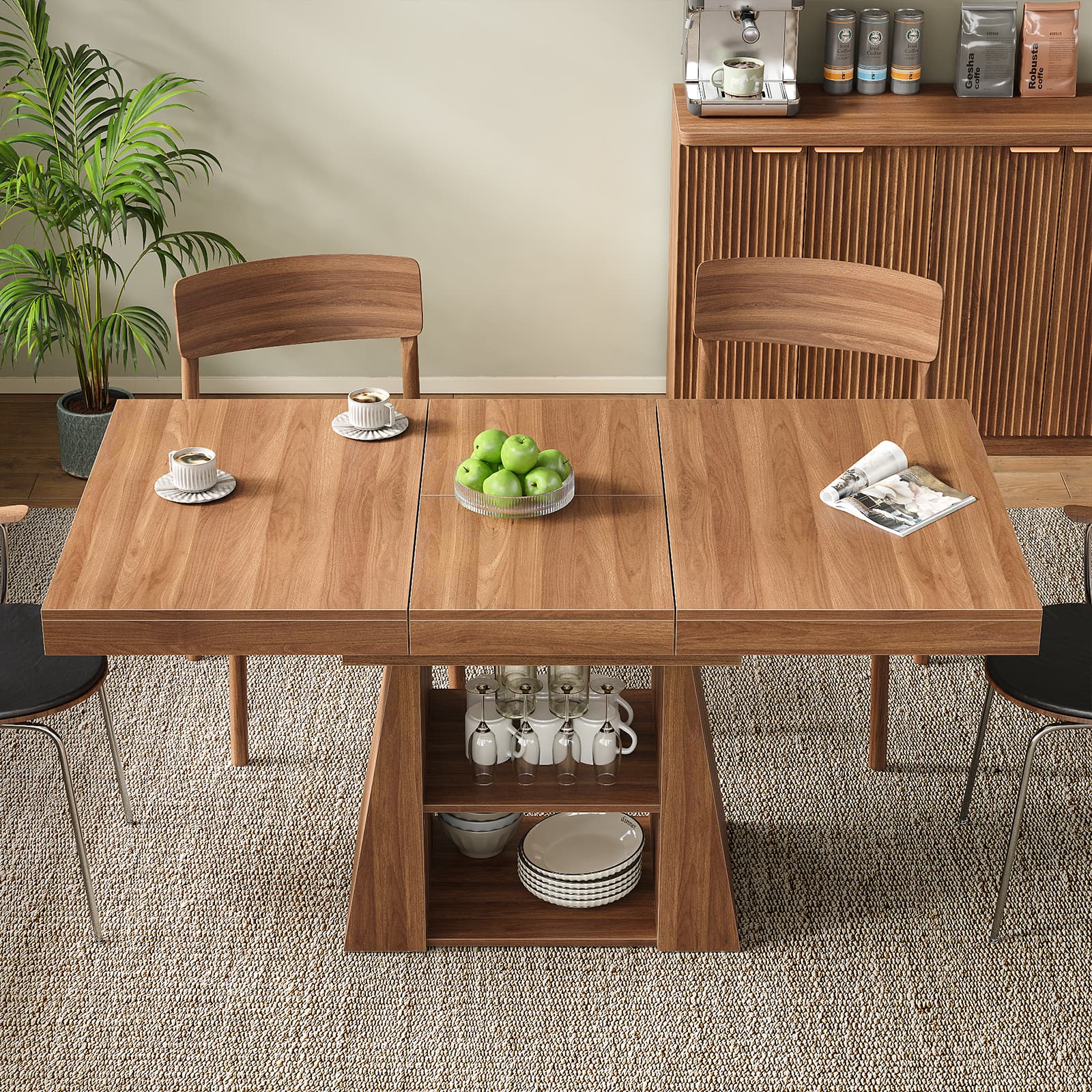 DT005-WA 43.3"–59" Extendable Dining Table, Rectangular Kitchen Table with Storage