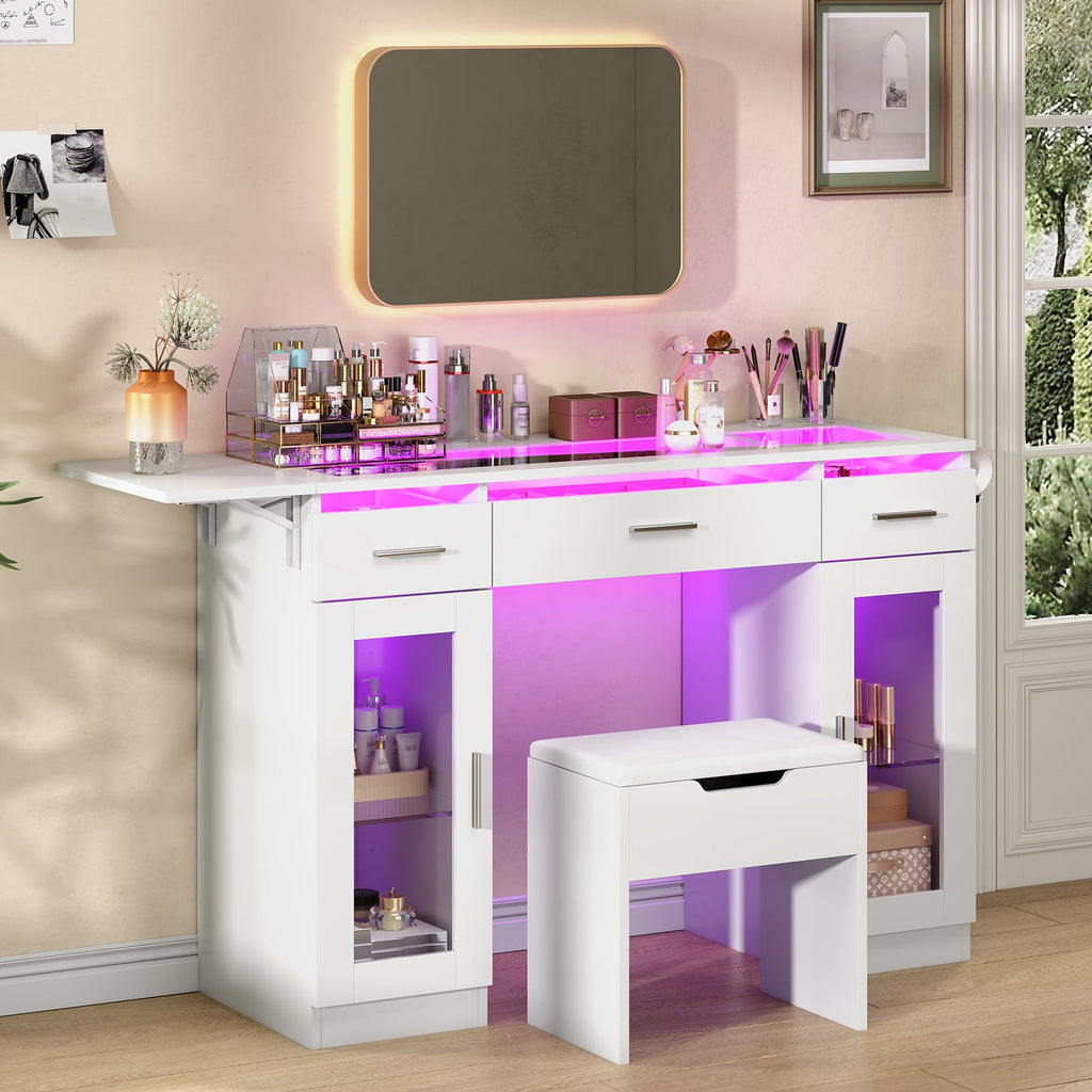 43.3" Makeup Vanity Desk Without Mirror, RGB LED Lights, Glass Top, Fold-Out Panel, 3 Drawers, 2 Display Cabinets, Charging Station & Stool, White - YanosakuUS-VD054-WE