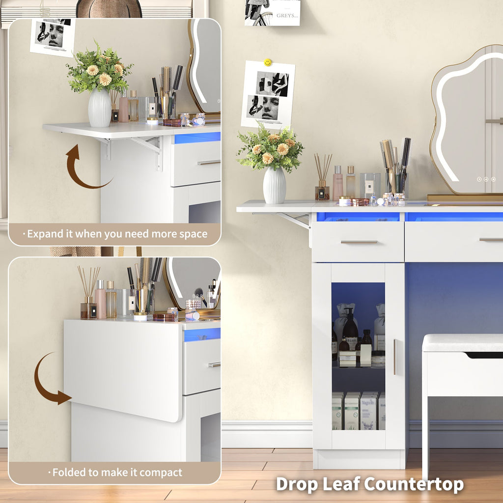 43.3" Makeup Vanity Desk Without Mirror, RGB LED Lights, Glass Top, Fold-Out Panel, 3 Drawers, 2 Display Cabinets, Charging Station & Stool, White - YanosakuUS-VD054-WE